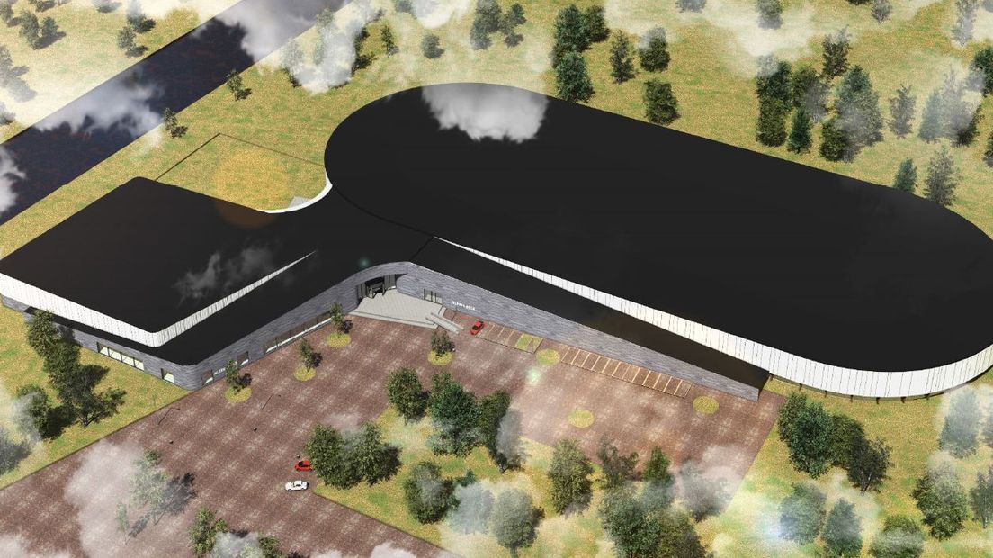 Het ontwerp van het nieuwe ijsbaan/zwembad complex (illustratie: Alynia architecten)