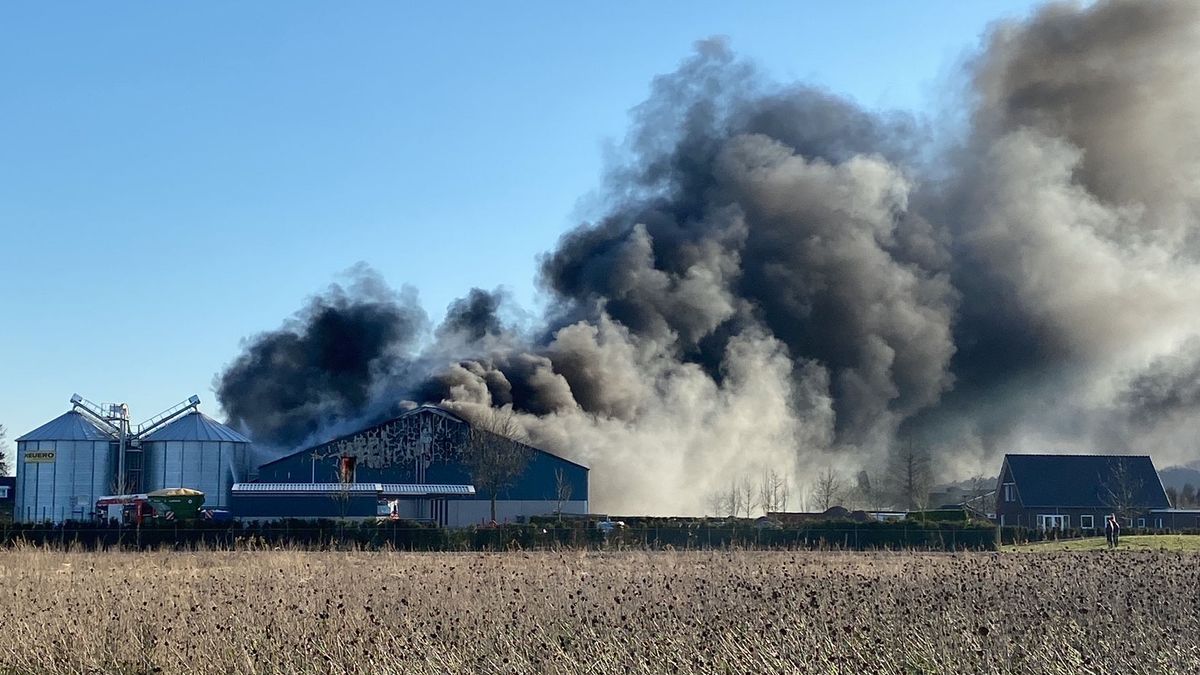 Loods met landbouwvoertuigen in brand in Lottum