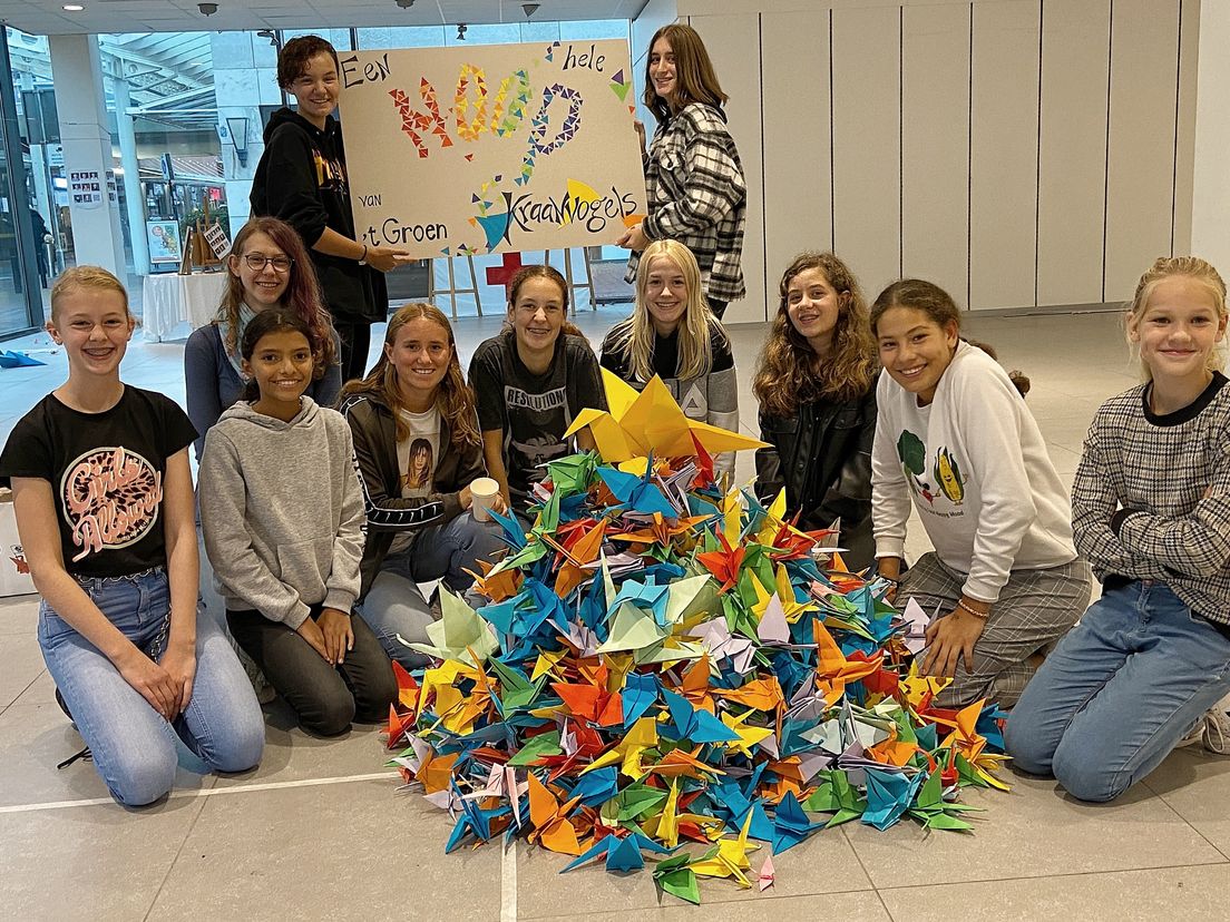 Hoop, een hele hoop gevouwen kraanvogels door leerlingen van 'Het Groen' in Vlaardingen