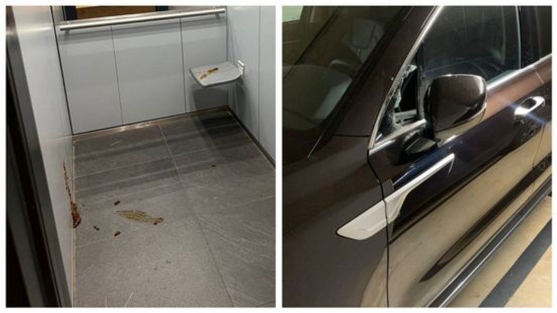 Poep in de lift en kapotte autoruit