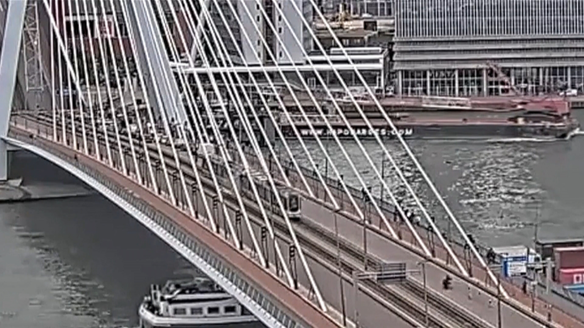 De aanrijding is vastgelegd door een webcam die op de Erasmusbrug gericht staat.