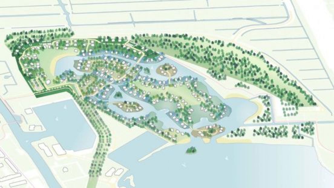 Een impressie van het oorspronkelijke plan voor een vakantiepark in Vlietland I Foto Dutch Lake Residence