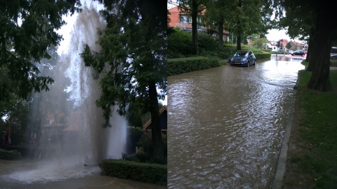 Het water spoot meters hoog de lucht in.