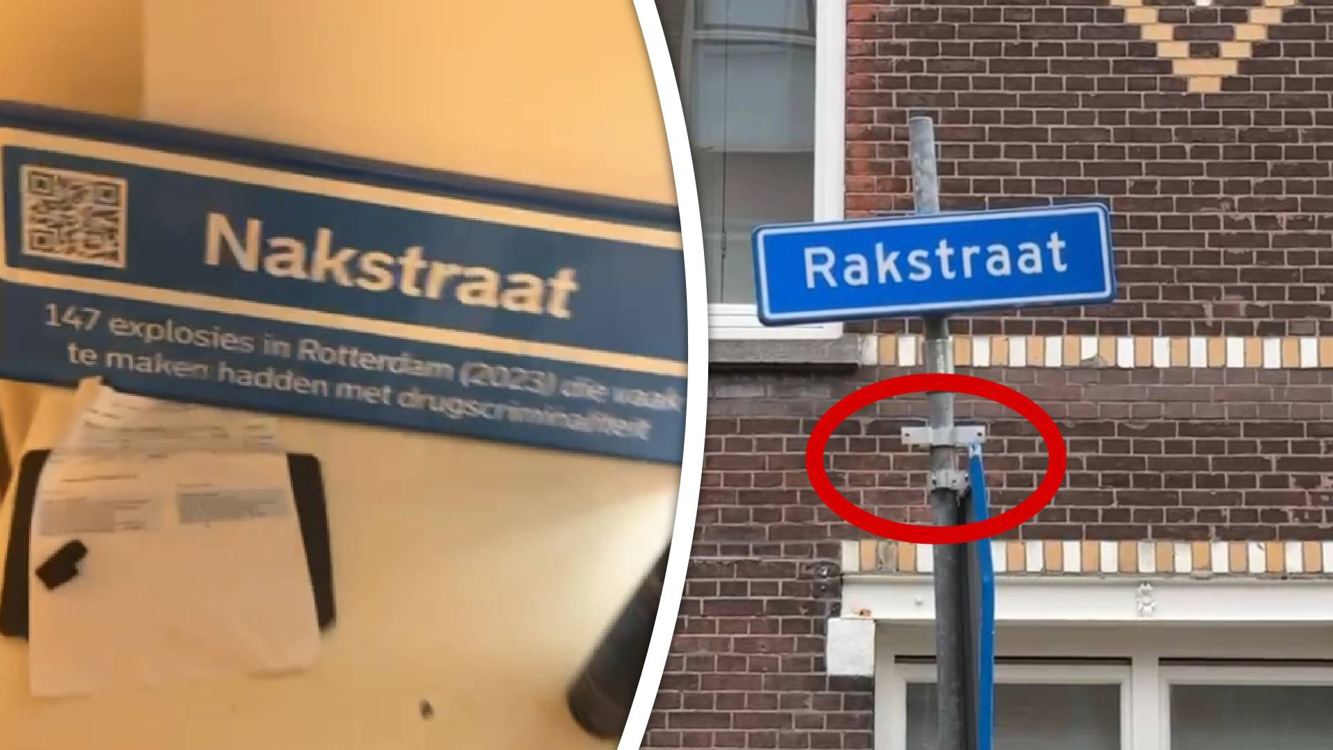 L: Een gestolen bord op een studentenslaapkamer, R: De plek waar het bord 's ochtends nog hing.