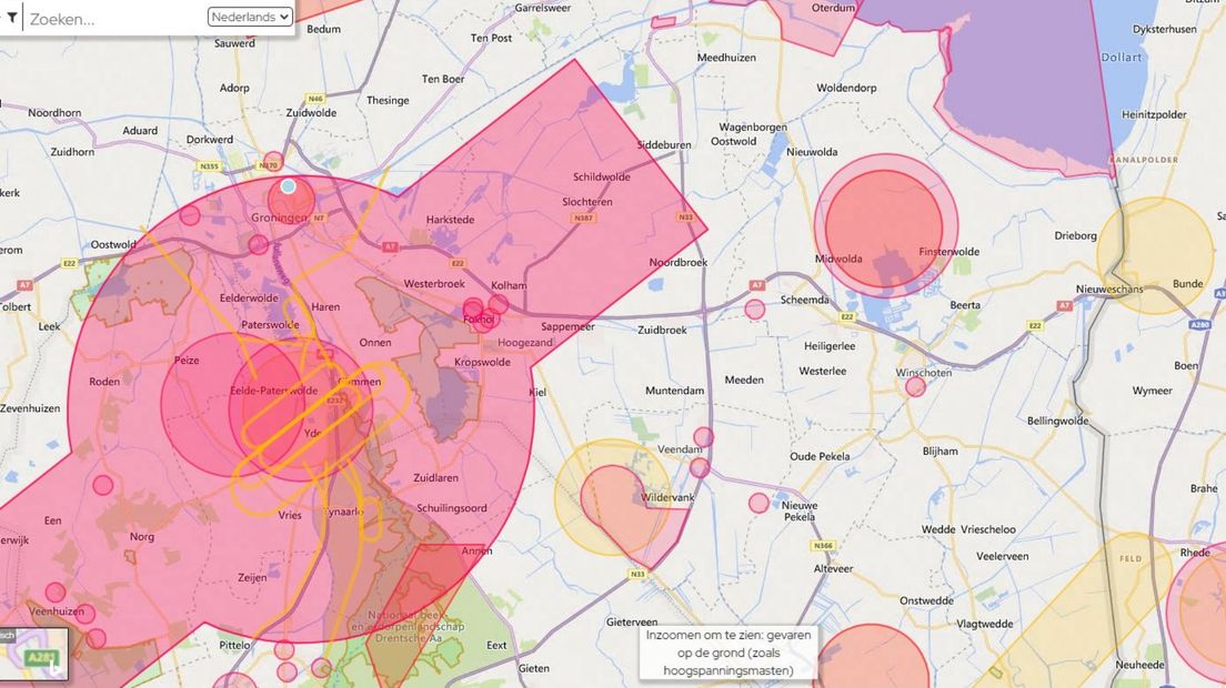 Details van de kaart waarop staat waar je wel of niet mag vliegen met een drone