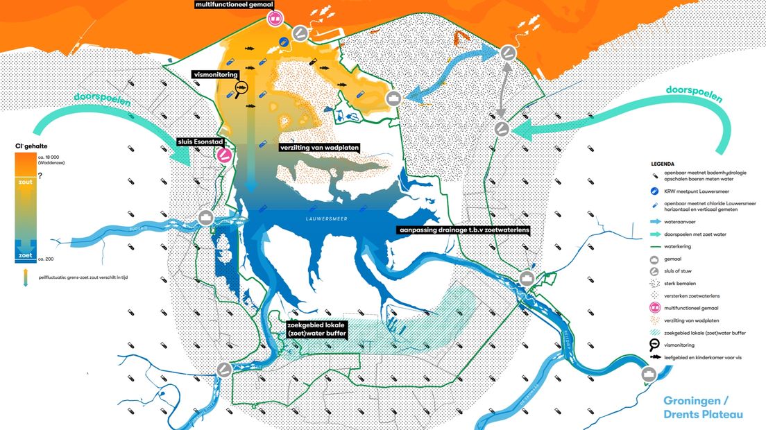 De oranje kleur laat zien waar straks het zoute water komt in het Lauwersmeer