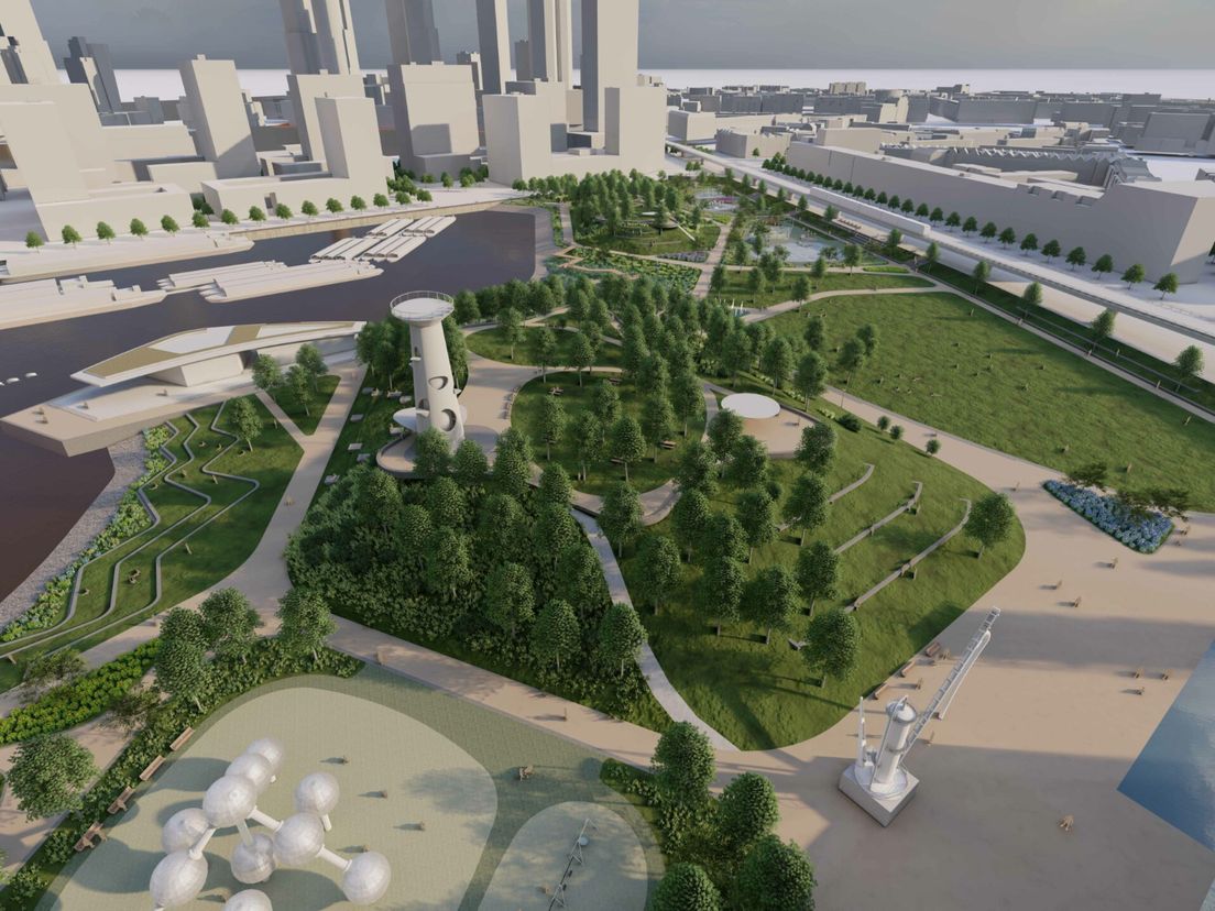 Impressie van het Nelson Mandelapark: vogelvlucht richting Katendrecht.