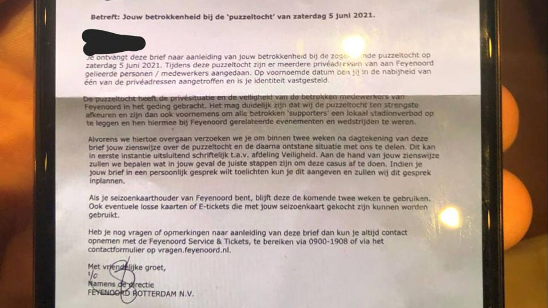 De brief richting de deelnemers van de 'speurtocht'