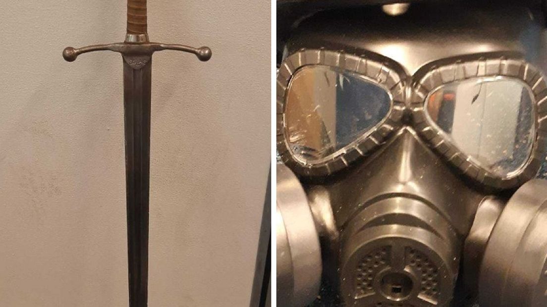 Dit zwaard en gasmasker zijn in beslag genomen tijdens Prinsjesdag