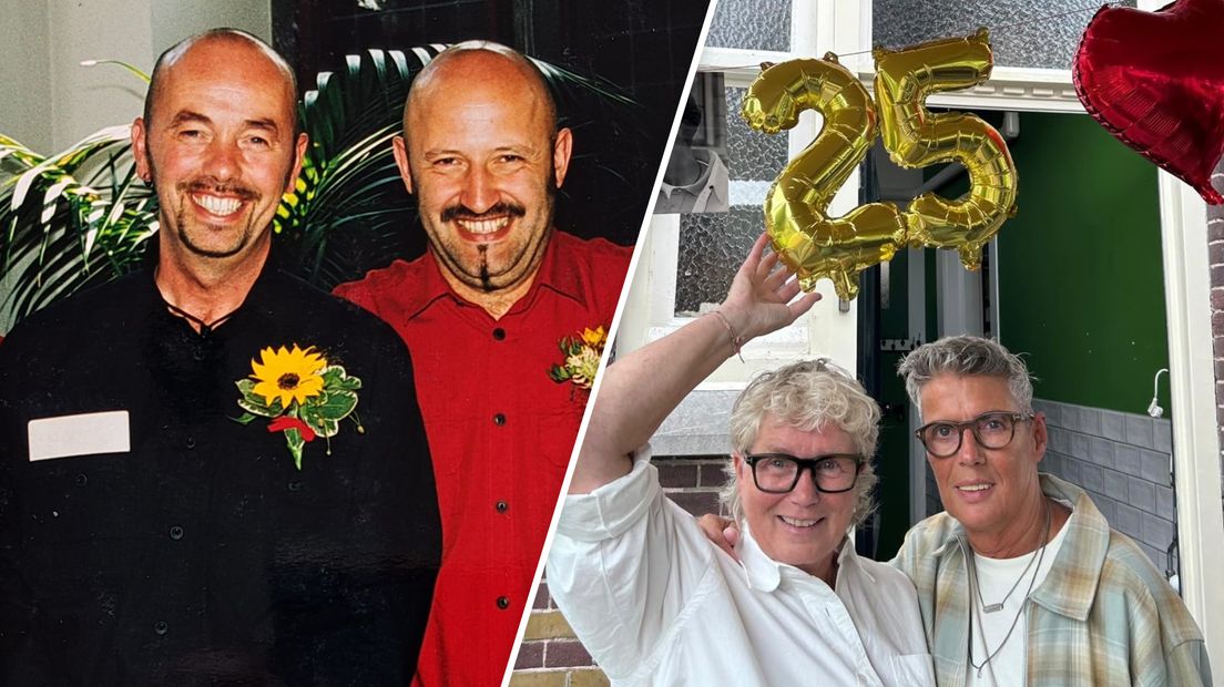 Henry Mostert & Richard Starmans (links) en Corieta Nieuwenhuizen & Ina Houdijk (rechts) trouwden 25 jaar geleden in 2001.