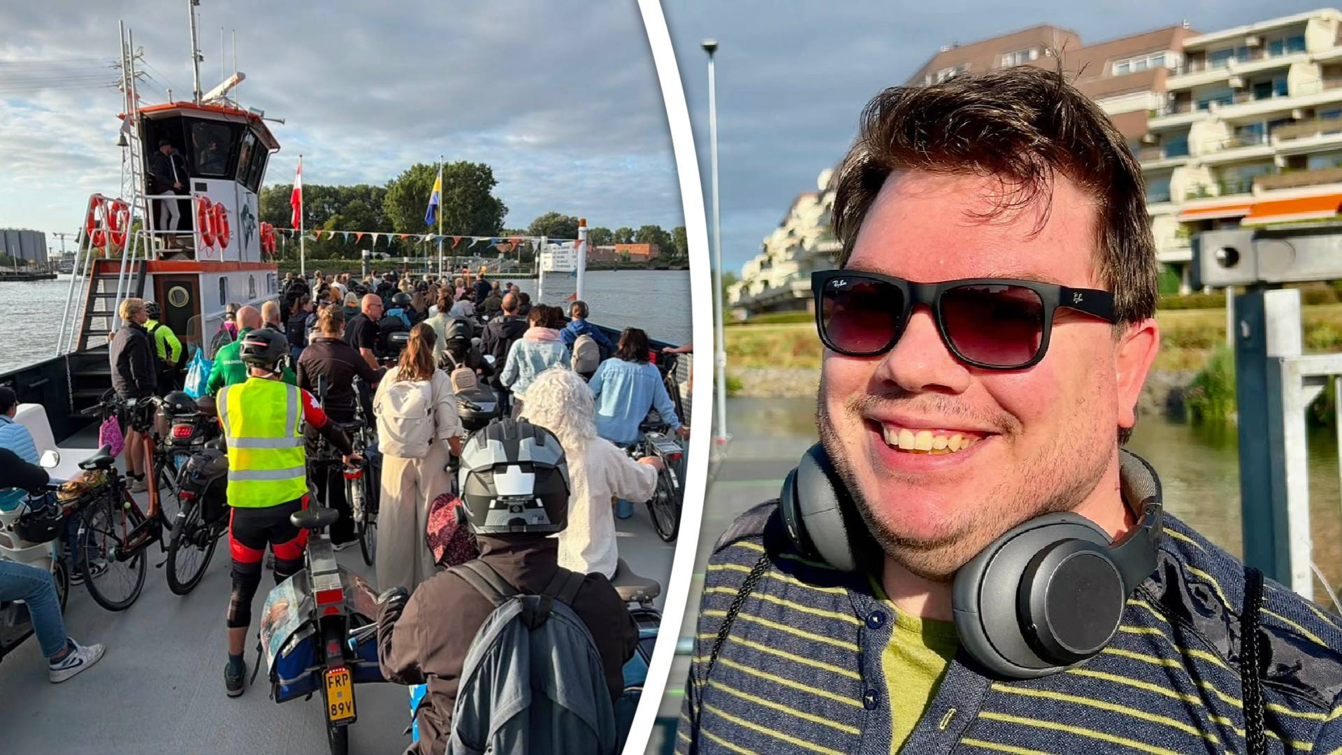 L: Drukte op de veerpont, R: Tom, die een e-bike heeft aangeschaft.