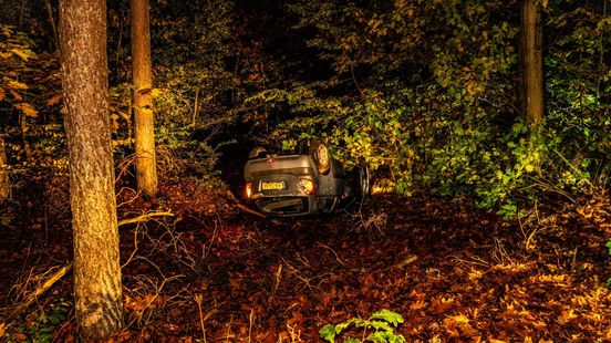 Automobilist vliegt over de kop de bosjes in
