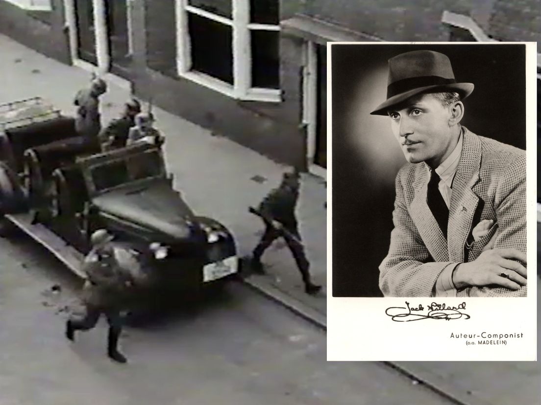 Reconstructie uit 1946 van razzia's uit de oorlog, en artiestenkaart van de Rotterdamse accordeonist Jack Willard.