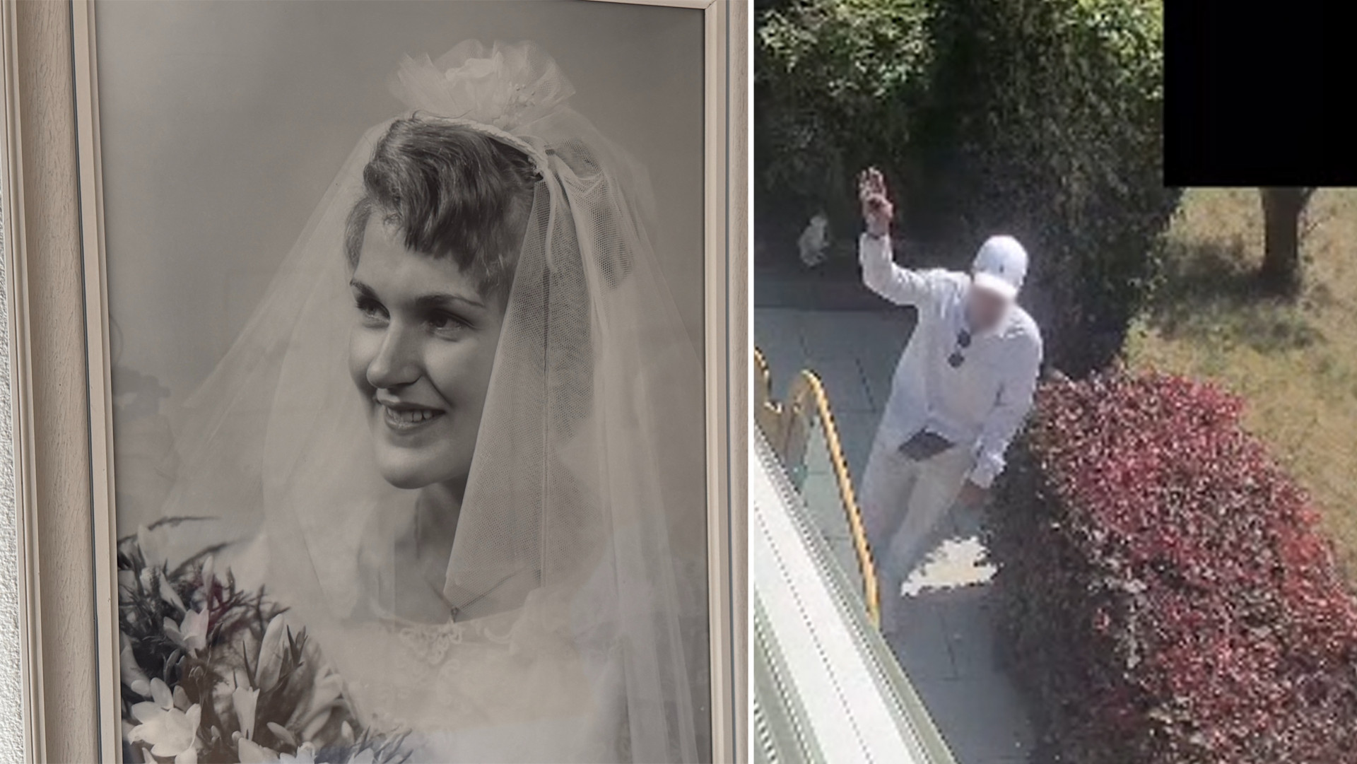 Links: de overleden vrouw - rechts: de dief komt zwaaiend binnen