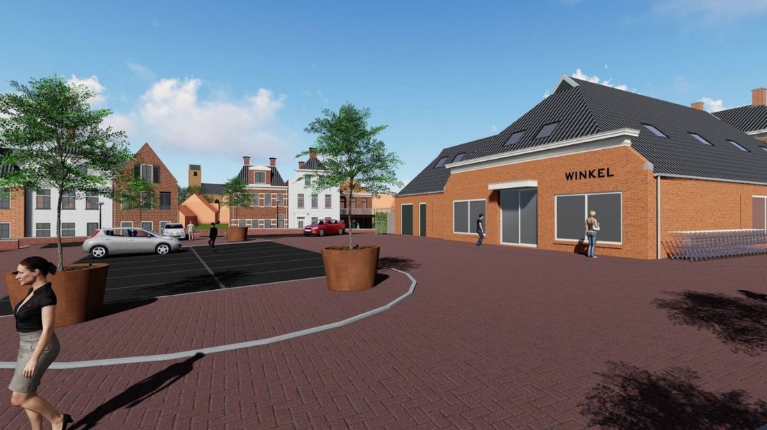 Impressie van de winkel (met woonhuis) en parkeren op het Boogplein in Winsum