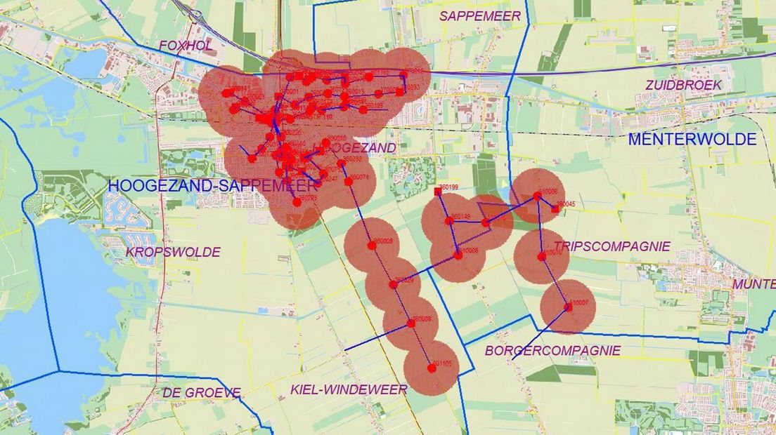 De storingen in het gebied op de kaart