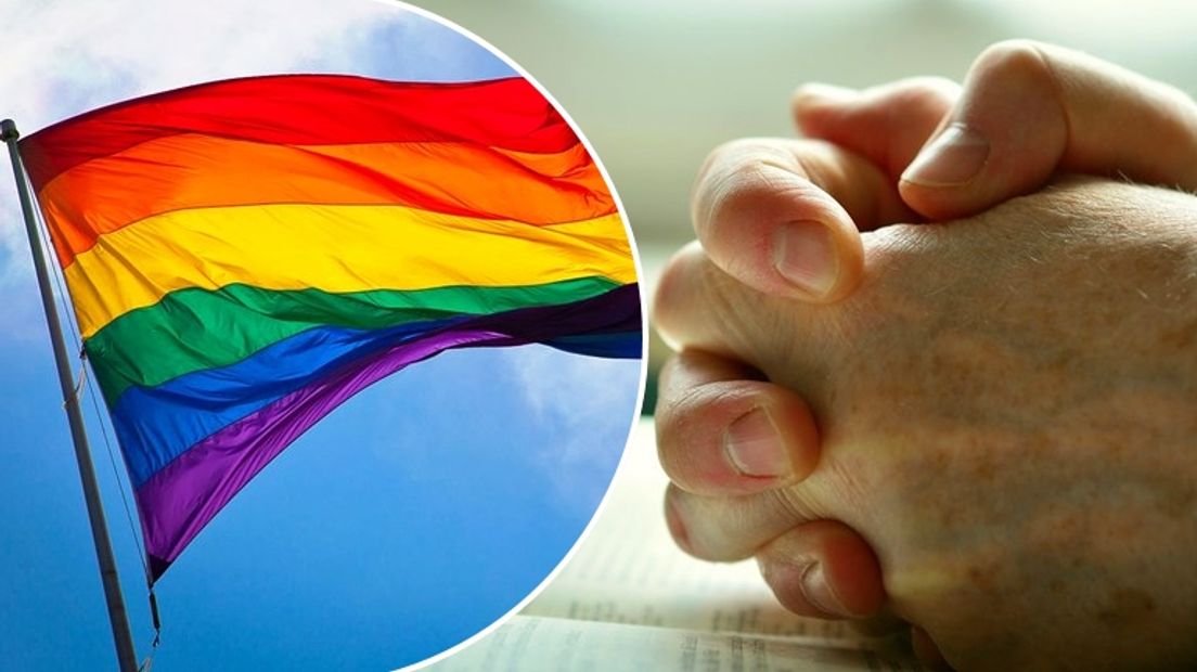 Een regenboogvlag en biddende handen, veel homoseksuele christenen worstelen met hun seksualiteit