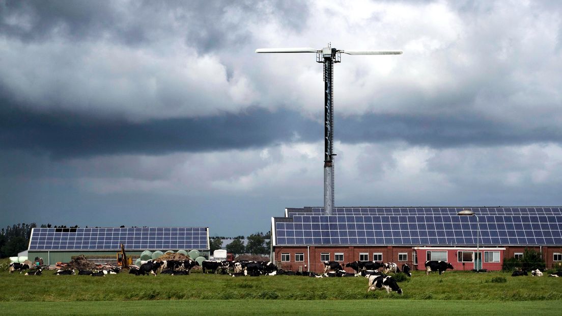 Zonnepanelen en een windmolen bij een boerenbedrijf