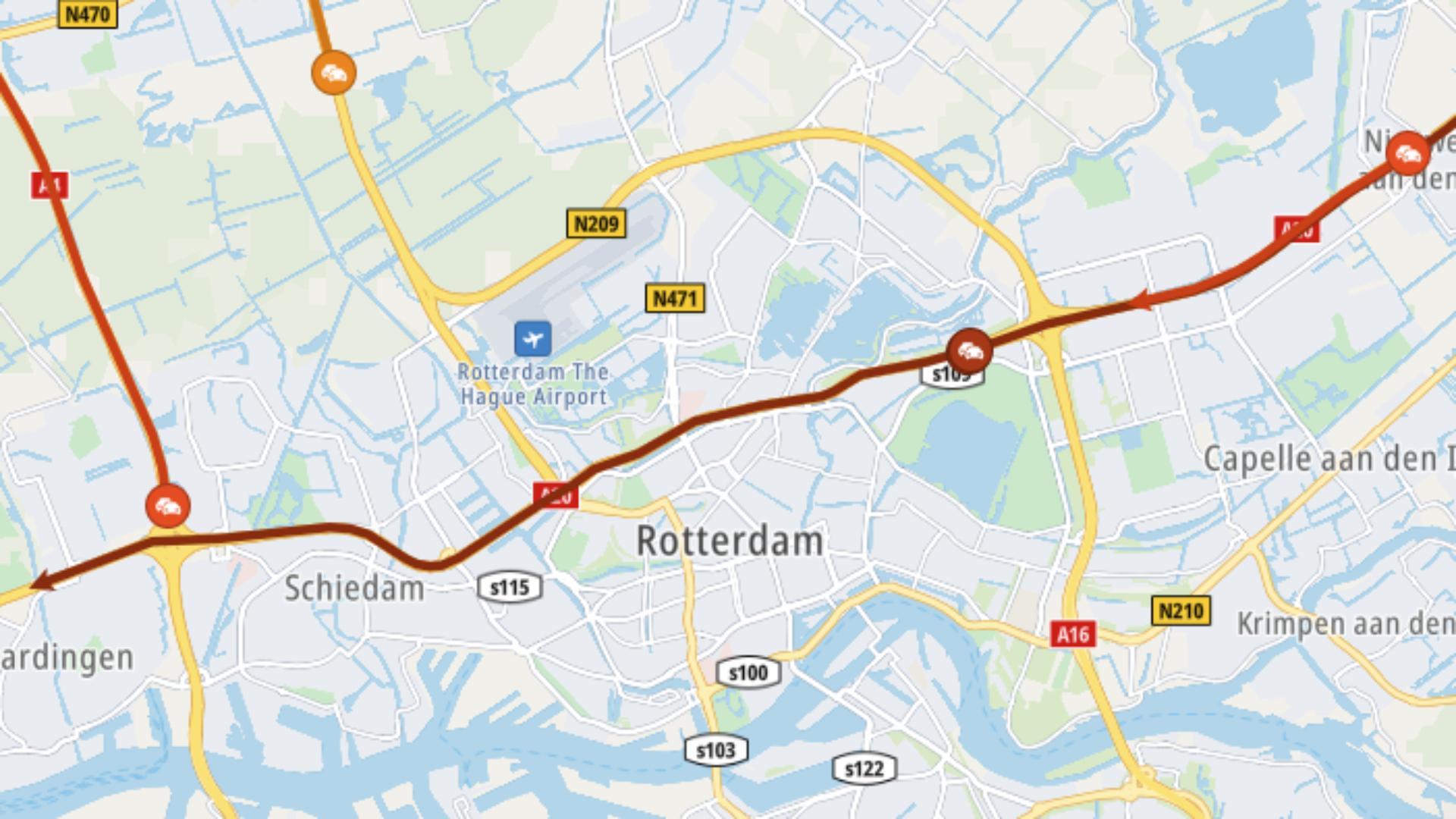 Stilstaand verkeer op de A20 richting Hoek van Holland.