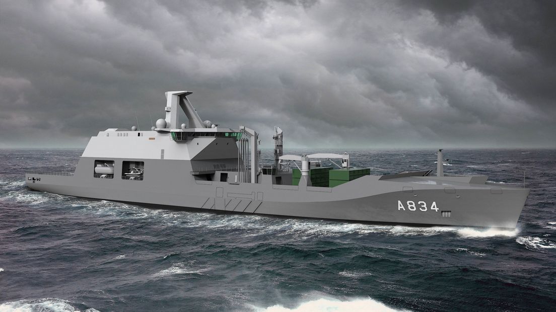 Artist impression van het schip dat Damen gaat bouwen voor de Koninklijke Marine