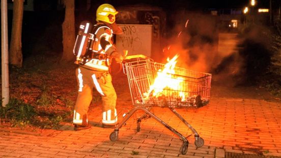 Winkelwagen in brand tegen flatgebouw