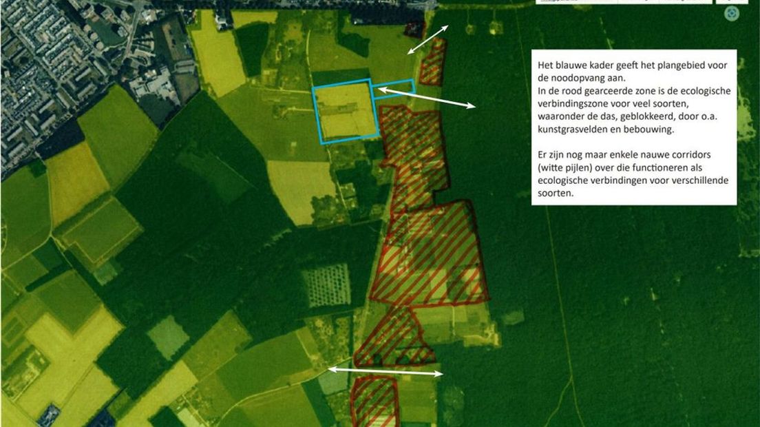 In het blauw de beoogde locatie ten zuiden van Nijmegen