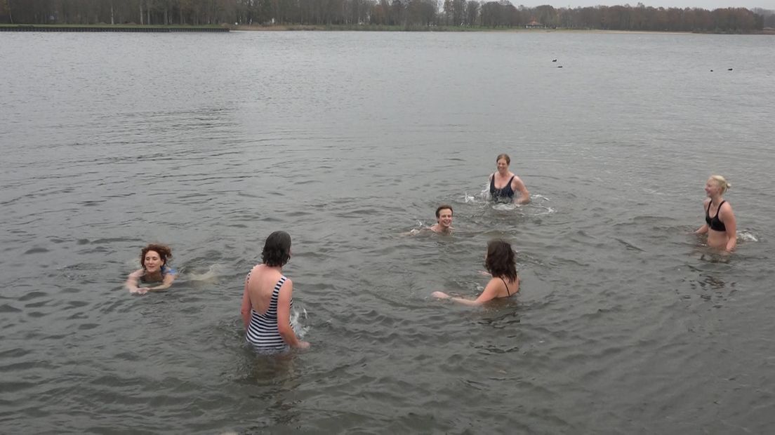 De groep zwemt in het water.