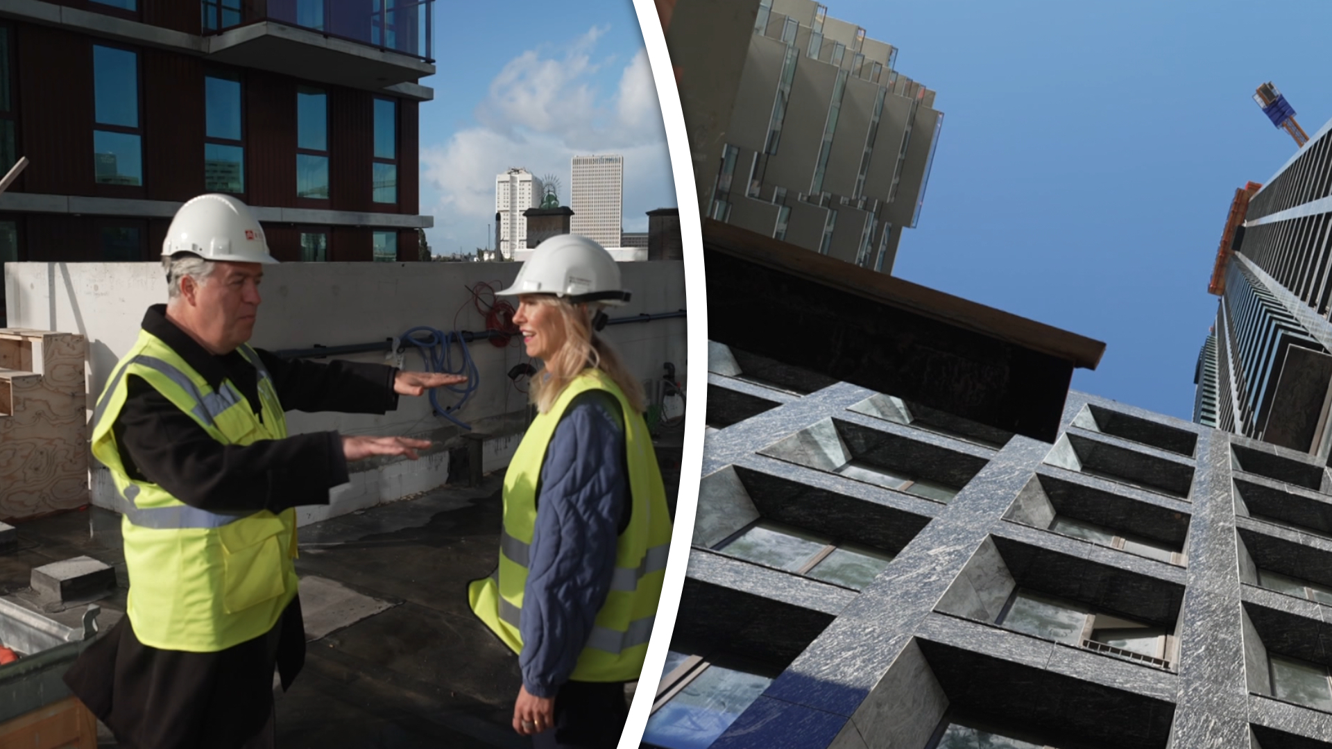 Rijnmond-verslaggever Wendy Hoogendijk krijgt een rondleiding van architect Nanne de Ru door de gloednieuwe Rotterdamse woontoren.