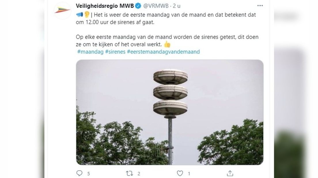 Tweet van veiligheidsregio Midden- en West-Brabant over maandelijkse sirenetest