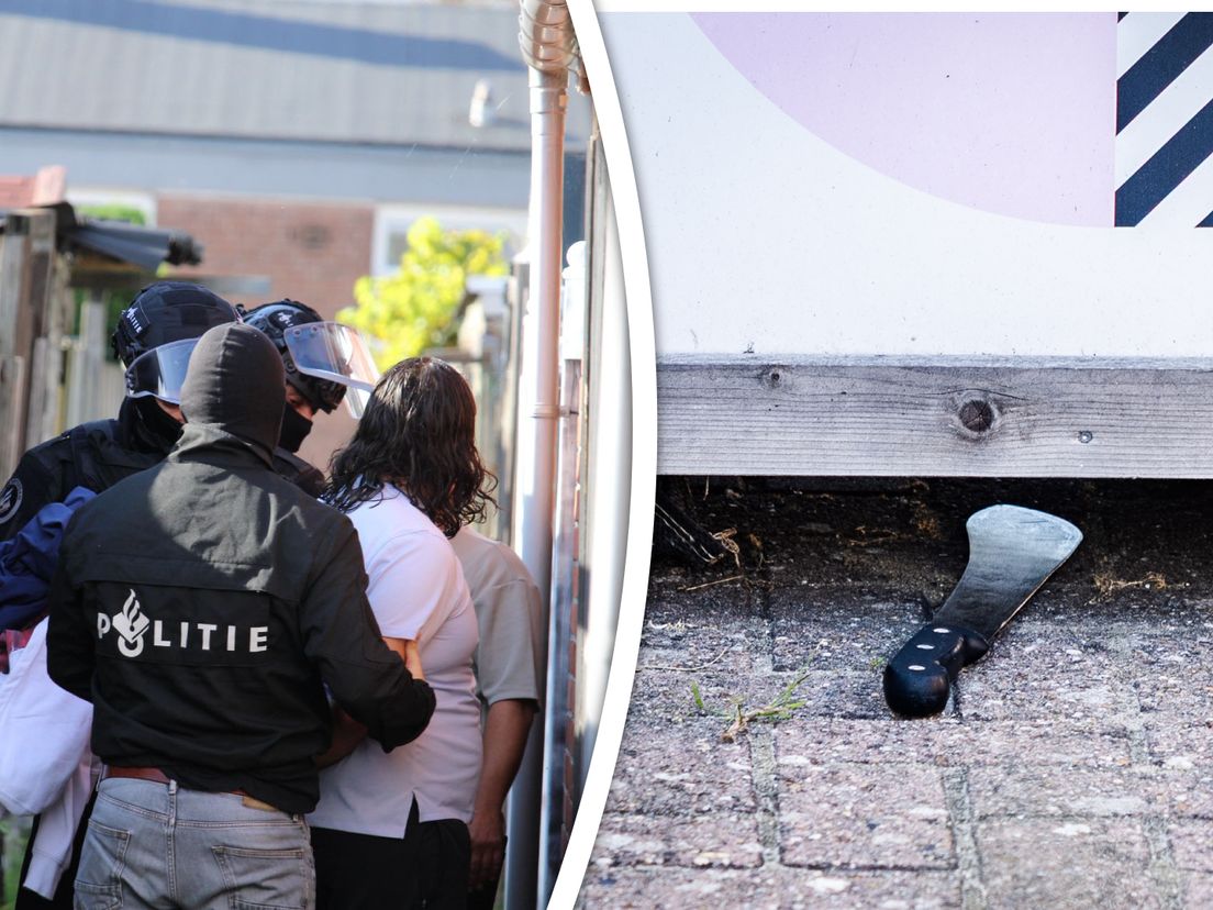 Er zijn drie verdachten aangehouden; op straat werd een groot mes aangetroffen.