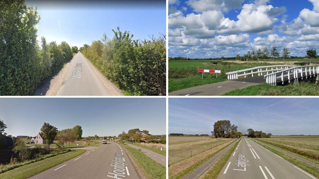 Vanaf rechtsonder met de klok mee: Langeweg bij Nieuw- en Sint Joosland, Hoofdplaatseweg bij Driewegen, Wijkhuijsweg bij Oostkapelle (alle drie Google Maps) en het Bunkerpad bij Vlissingen (Gerda Hubregtse)