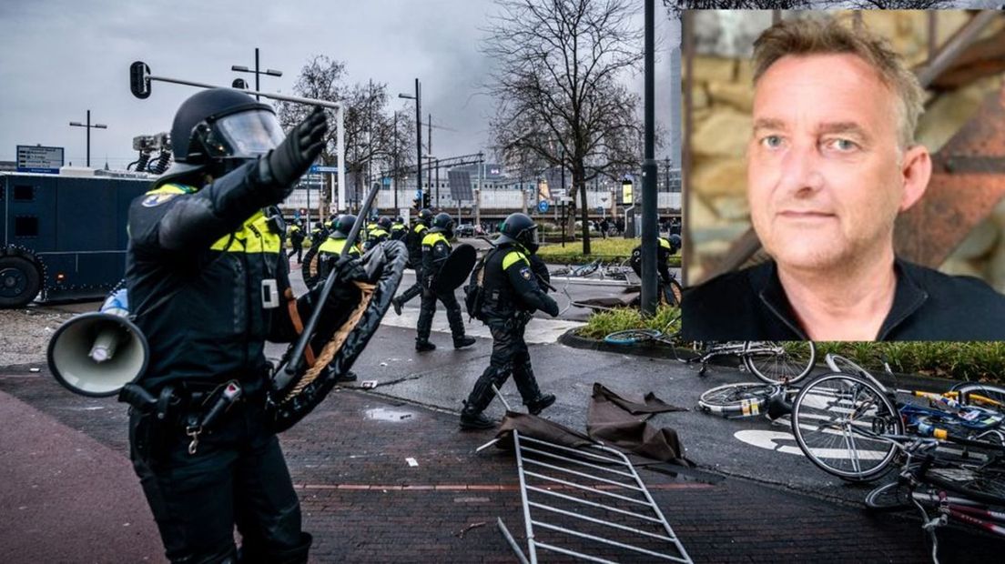 Politie tijdens rellen in Eindhoven. Inzet: Henk Ferwerda