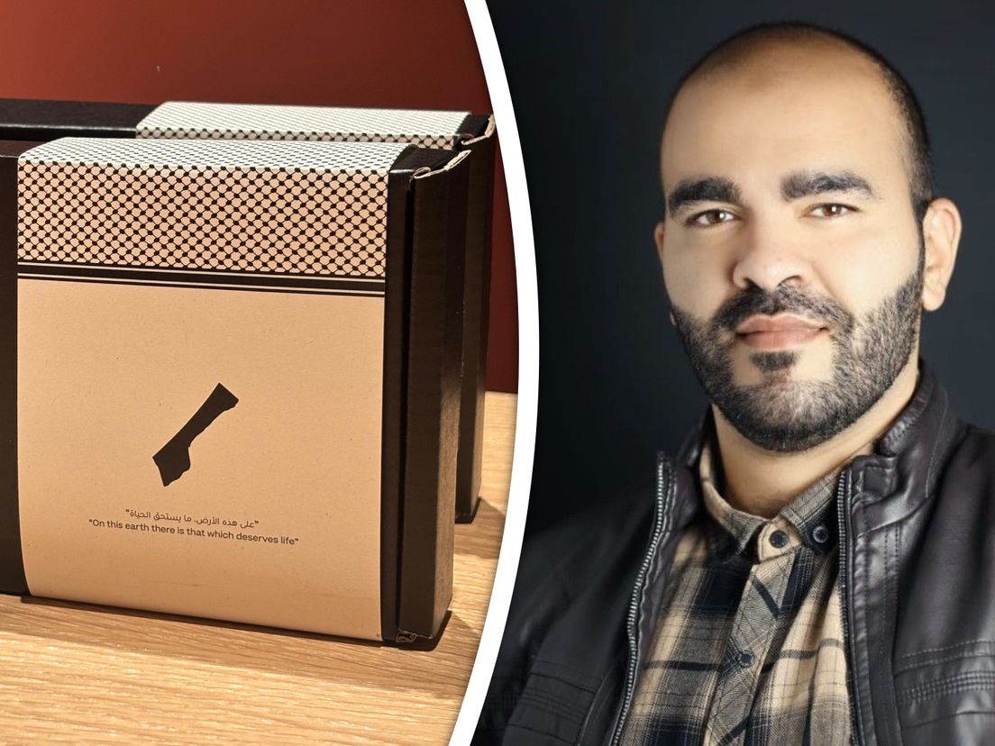 Links de Palestina-reep, rechts ontwerper Mohammad Al-Assar.