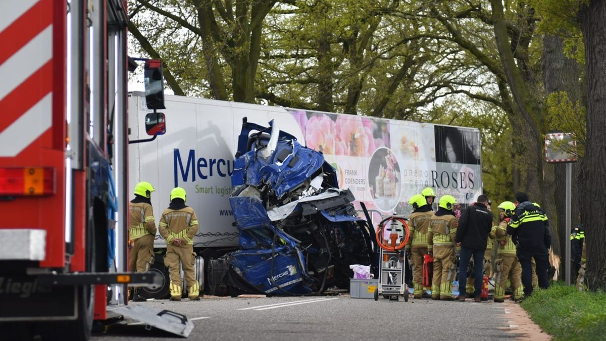 Vrachtwagen ramt bomen: chauffeur gewond