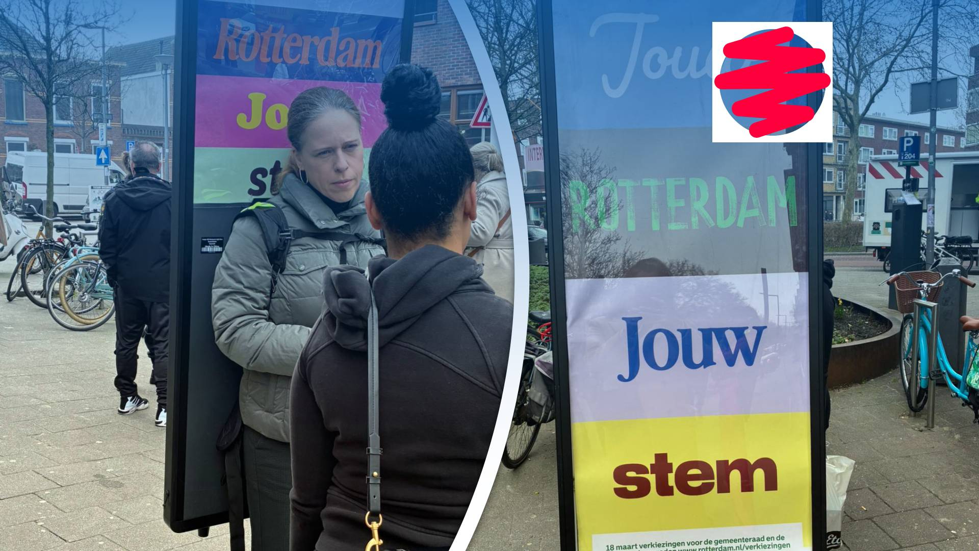 Burgemeester Schouten met een abri op haar rug om mensen naar de stembus te trekken