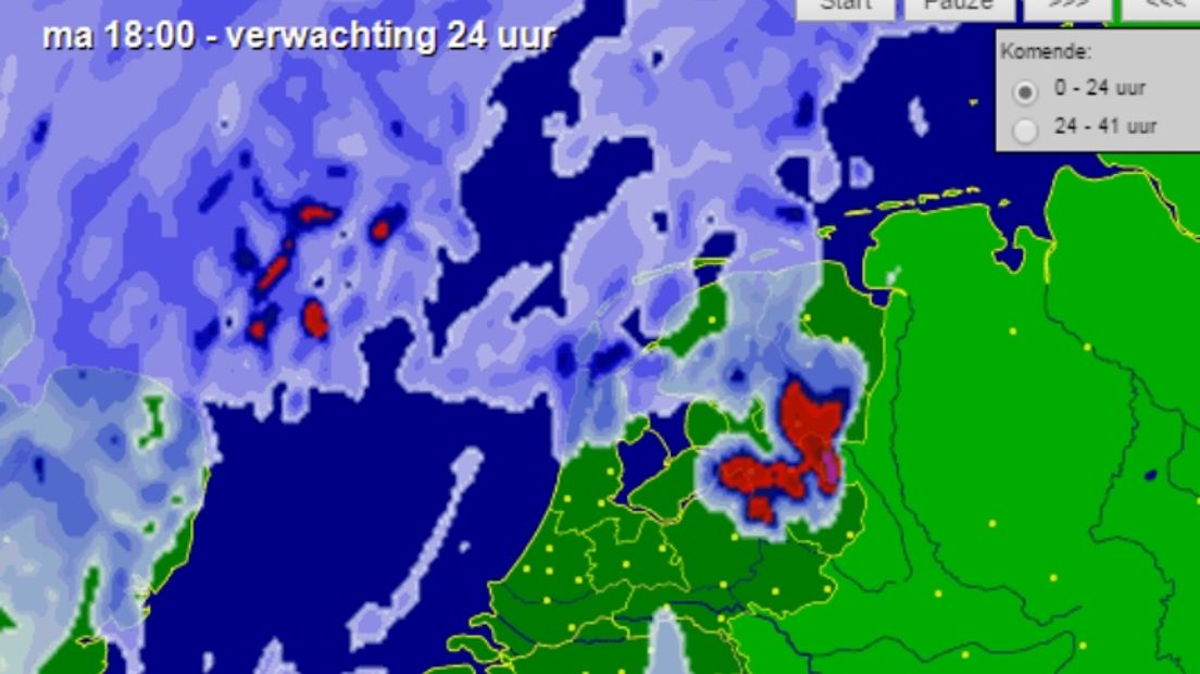 De verwachting van zes uur van buienradar.nl