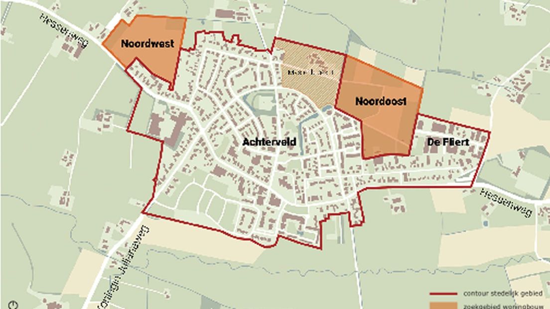 Zoekgebieden voor woningbouw in Achterveld.