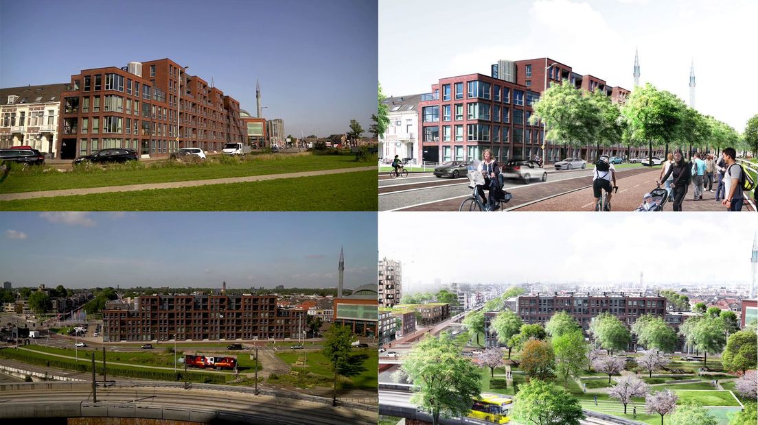 Het Westplein zoals het nu is (links) en hoe het moet worden (rechts).