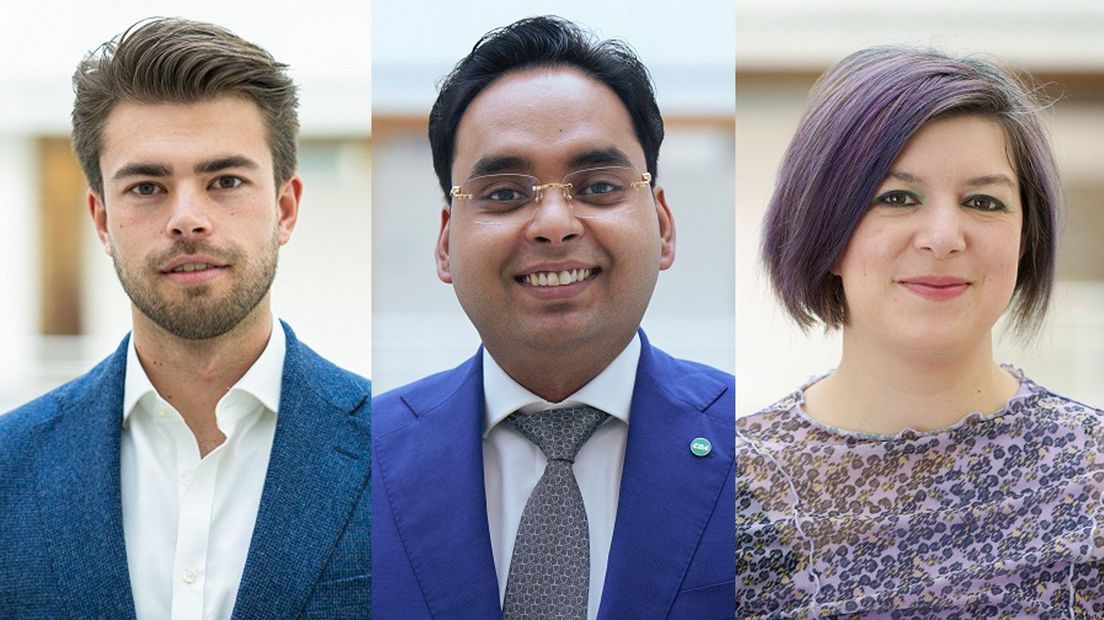 Van links naar rechts: Joren Noorlander (D66), Kavish Partiman (CDA) en Lesley Arp (SP)