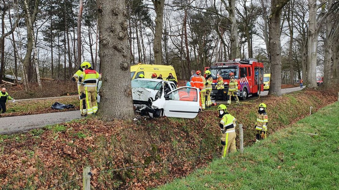 Door nog onbekende oorzaak kwam de auto frontaal in botsing met een boom.