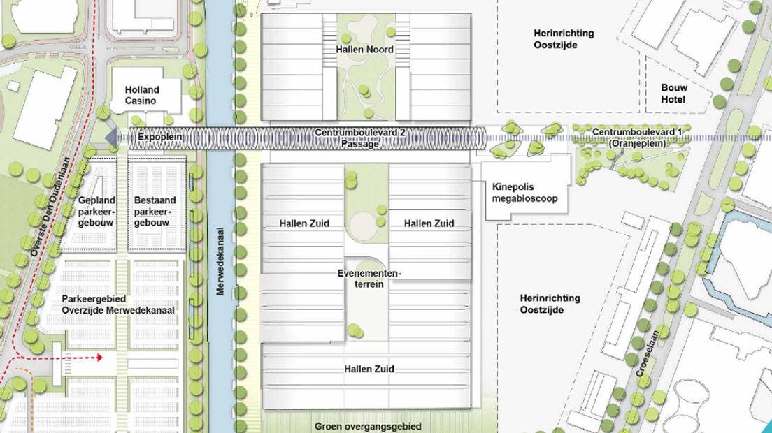 Plattegrond van de nieuwe indeling van het gebied.