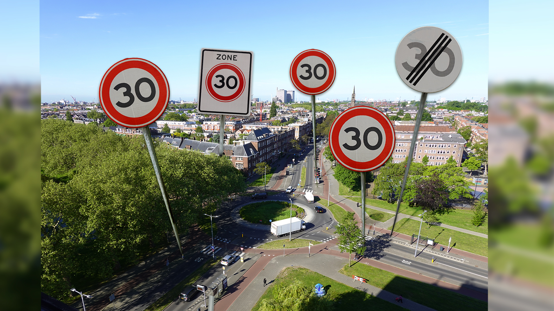 Rotonde op Beukelsdijk in Rotterdam-West met 30km uit en in