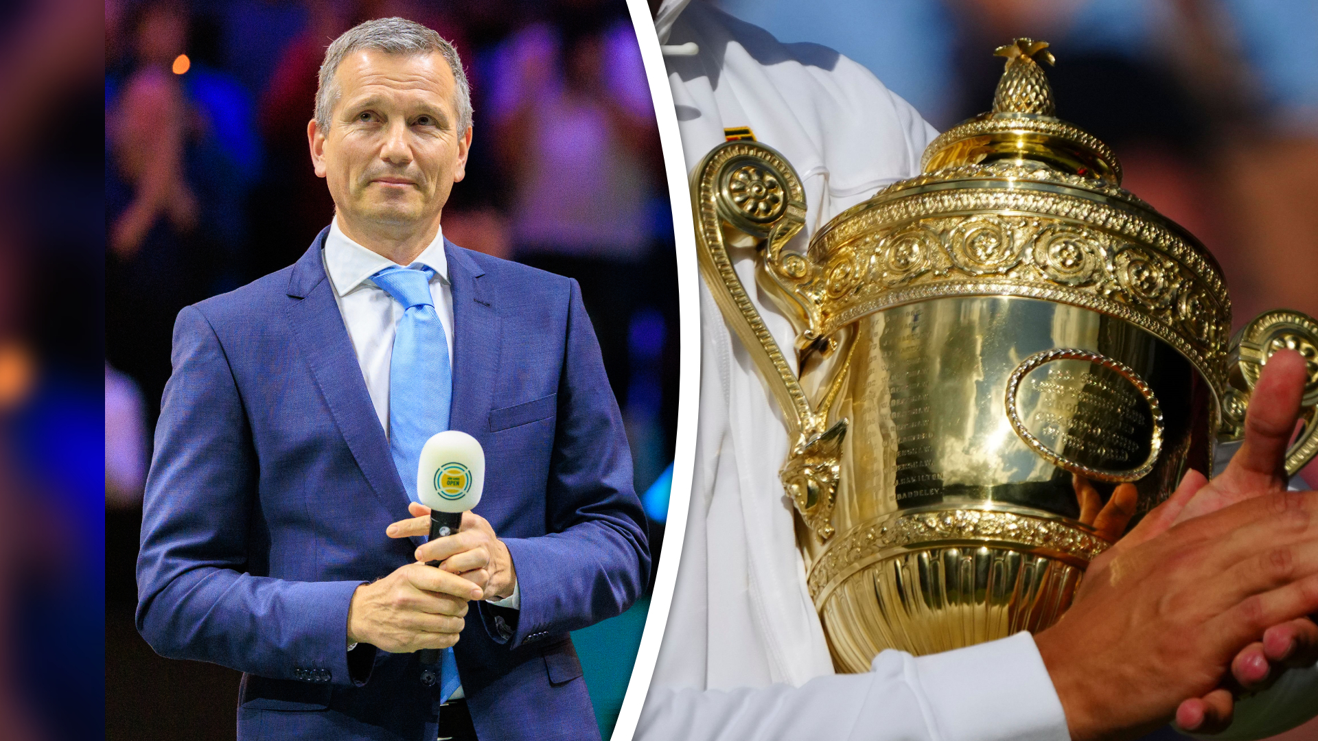 Links: Richard Krajicek tijdens het ABN Amro Open, rechts: de Wimbledon-beker.