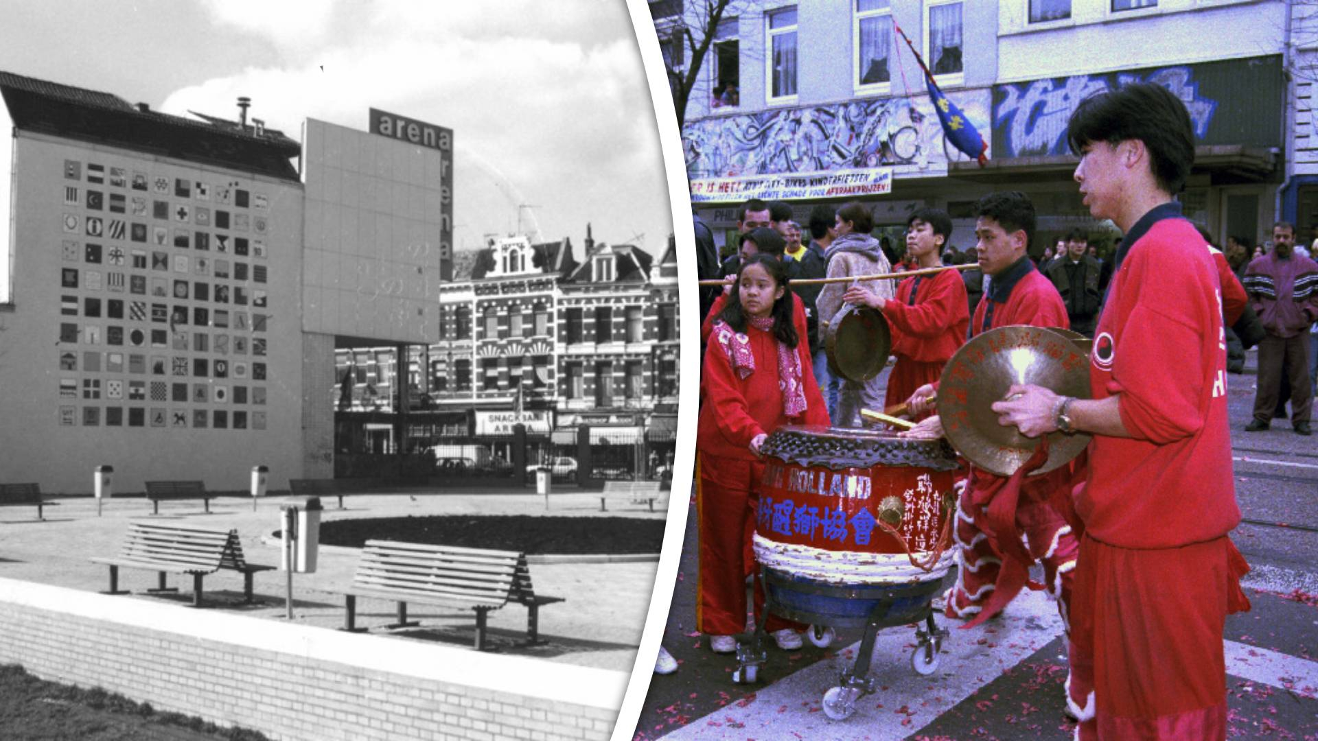 Op de West-Kruiskade: van het iconische Arena Theater (l) door de viering van het Chinees Nieuwjaar.