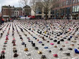 Duizenden kinderschoenen in Utrecht, protest tegen geweld in Gaza