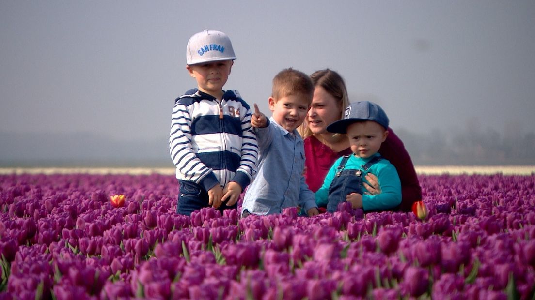 Vlamingen poseren tussen de tulpen.