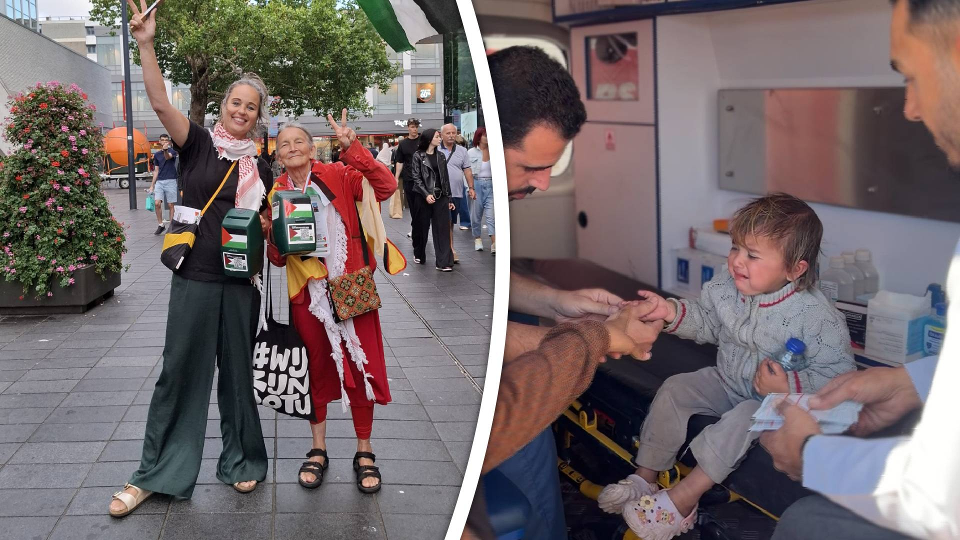 Collecteren in centrum Rotterdam (l) en zorg aan een meisje in mobiele kliniek in Gaza (r)