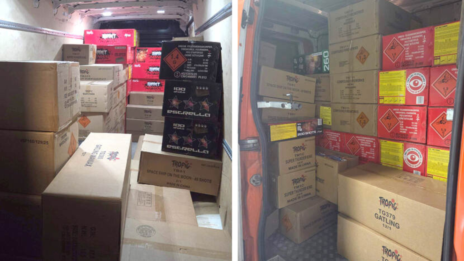 Het vuurwerk lag opgeslagen in busjes die gestald stonden in de loods.