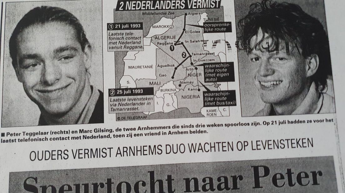 Oud krantenartikel uit de Telegraaf over de vermissing van Peter Teggelaar en Marc Gilsing