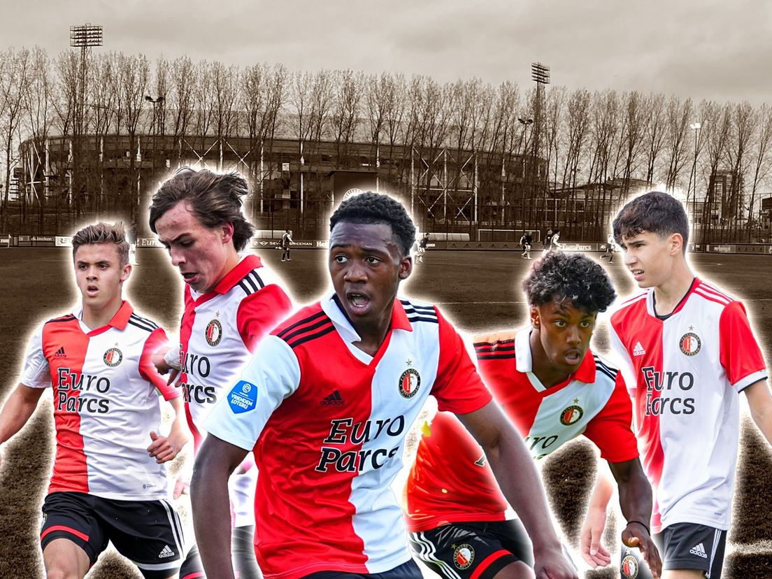 Vijf bekende Feyenoord-talenten die aan de weg timmeren op Varkenoord: Mike Kleijn, Leo Sauer, Antoni Milambo, Jaden Slory en Shaqueel van Persie